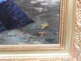 a painting of a woman in a blue dress holding an umbrella
