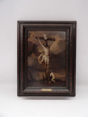 une peinture à l'huile représentant Jésus sur la croix, sur fond blanc