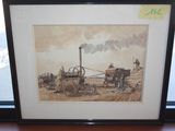 painting of a steam engine pulling a plow across a field