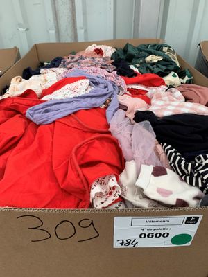 une boîte pleine de vêtements posée sur le sol