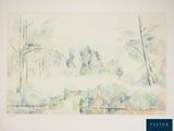 a watercolor painting of trees and a bench in a park