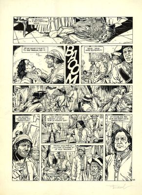 une page en noir et blanc tirée d'une bande dessinée, sur laquelle figure l'image d'un homme portant un chapeau de cow-boy