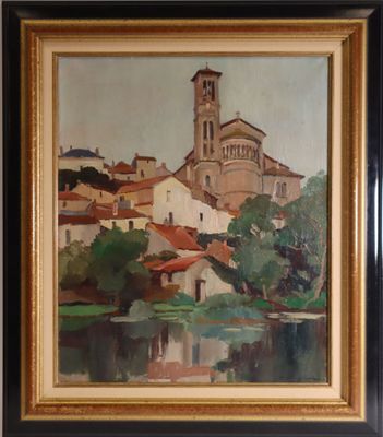 une image représentant un tableau d'une église située sur une colline