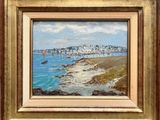 an oil painting of a beach scene with boats in the water