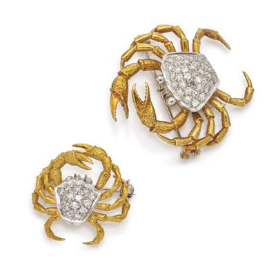 two gold and diamond crab brooches