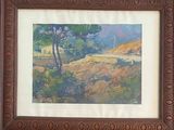 framed picture of a painting of a landscape with trees and a bridge