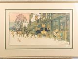 tableau représentant une calèche tirée par des chevaux, avec des personnes à bord, devant un bâtiment
