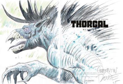un dessin représentant un monstre qui court dans les airs