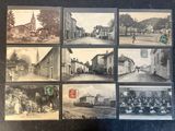 several old black and white photographs of a town with a church in the background