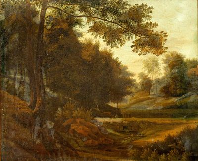 tableau représentant un paysage boisé avec un ruisseau et des arbres au premier plan