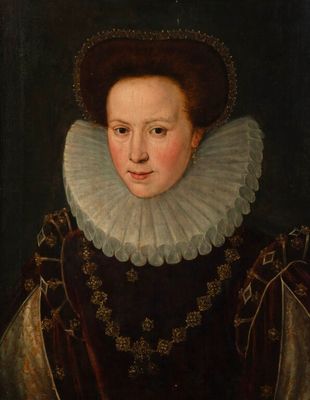 un vieux tableau représentant une femme en robe noire, avec un col à volants blancs