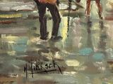painting of two people walking in the rain with umbrellas