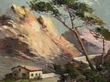 an oil painting of a mountain scene with a house in the foreground