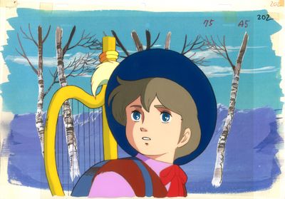 l'image d'une jeune fille portant un chapeau bleu et tenant une harpe jaune