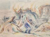 painting of a man and a woman in the desert with a horse