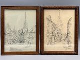deux dessins encadrés représentant des bâtiments et une rue, avec une tour horloge en arrière-plan