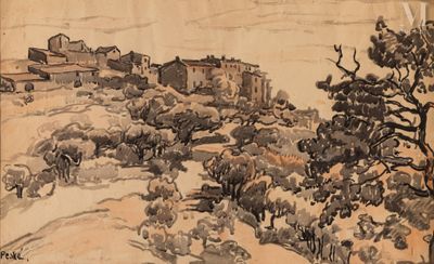 drawing of a landscape with a village and trees in the foreground