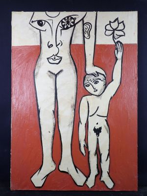 a painting of a woman and a child hanging on a clothes line