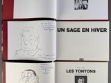 three pages of a book with drawings of people on them
