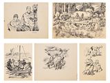 six dessins représentant des personnes sur une plage et un bateau
