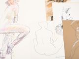 several drawings of a woman sitting on a stool next to a cat