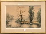 painting of a river scene with trees in the foreground and water in the foreground