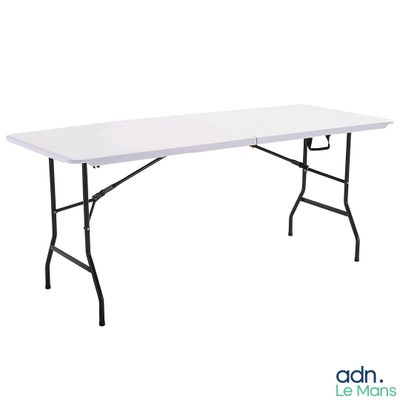 une table blanche avec des pieds noirs et un plateau blanc
