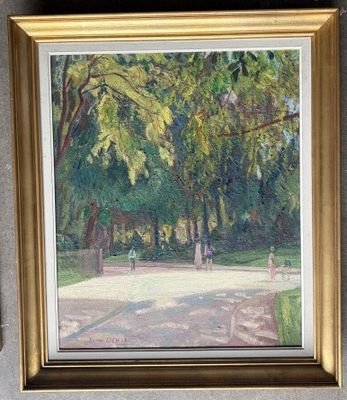 painting of a park scene with trees and a bench in the foreground