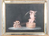 une image représentant un tableau où l'on voit une femme nue tenant un dragon en laisse