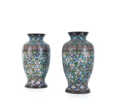 paire de vases en cloisonné ornés de motifs floraux sur fond blanc