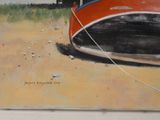 a painting of a boat that is on the beach