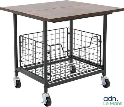 a small table with a basket on top of it on wheels