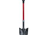 a close up of a shovel with a red handle on a white background