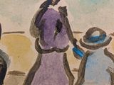 a painting of a group of people walking on the beach