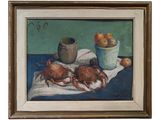 tableau représentant deux crabes sur une table, avec des oranges et une tasse