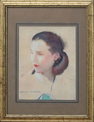portrait of a woman in a blue dress by a gold frame