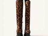 a close up of a pair of leopard print boots on a white background