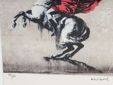 painting of a man riding a horse with a red cape on his back
