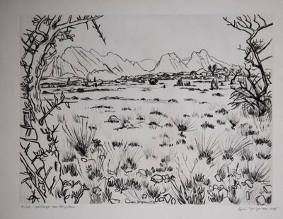 drawing of a landscape with mountains in the distance and a body of water in the foreground