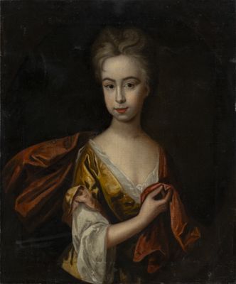 a painting of a woman in a yellow dress holding a red scarf