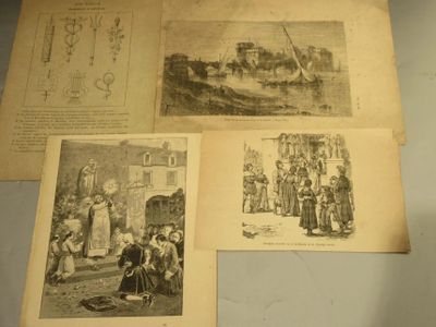 several old black and white pictures of people and animals on a table