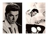 two black and white photos of a man sitting at a table with a clock