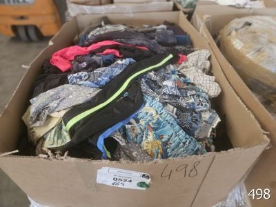a cardboard box full of clothes that is sitting on a table