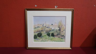 a picture of a painting hanging on a red wall