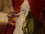 a painting of a woman in a white dress standing in front of a red curtain