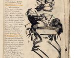 an old book with a drawing of a woman sitting on top of a table