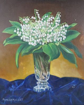 a painting of a vase of flowers on a blue cloth
