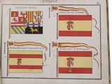 an old book with a drawing of the flags of spain and spain