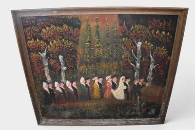 an old painting of a group of people in a garden