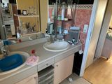 a bathroom with a sink, mirror, and dishwasher in it